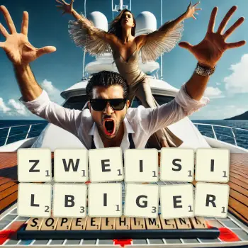 Kreative Illustration für ein Scrabble-Spiel, bei dem das Wort ZWEISILBIGER mit Steinen auf dem Brett gelegt wurde.