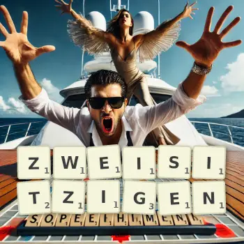 Kreative Illustration für ein Scrabble-Spiel, bei dem das Wort ZWEISITZIGEN mit Steinen auf dem Brett gelegt wurde.