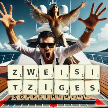 Kreative Illustration für ein Scrabble-Spiel, bei dem das Wort ZWEISITZIGES mit Steinen auf dem Brett gelegt wurde.