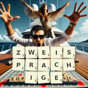 Kreative Illustration für ein Scrabble-Spiel, bei dem das Wort ZWEISPRACHIGE mit Steinen auf dem Brett gelegt wurde.