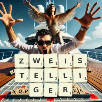 Kreative Illustration für ein Scrabble-Spiel, bei dem das Wort ZWEISTELLIGER mit Steinen auf dem Brett gelegt wurde.