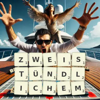 Kreative Illustration für ein Scrabble-Spiel, bei dem das Wort ZWEISTÜNDLICHEM mit Steinen auf dem Brett gelegt wurde.