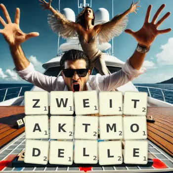 Kreative Illustration für ein Scrabble-Spiel, bei dem das Wort ZWEITAKTMODELLE mit Steinen auf dem Brett gelegt wurde.