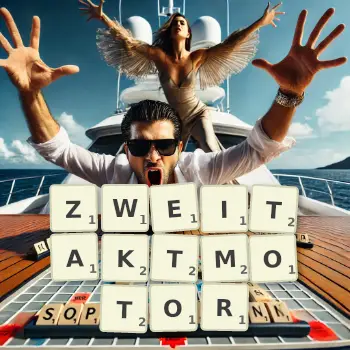 Kreative Illustration für ein Scrabble-Spiel, bei dem das Wort ZWEITAKTMOTOR mit Steinen auf dem Brett gelegt wurde.