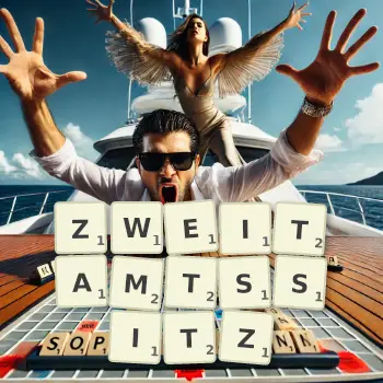 Kreative Illustration für ein Scrabble-Spiel, bei dem das Wort ZWEITAMTSSITZ mit Steinen auf dem Brett gelegt wurde.