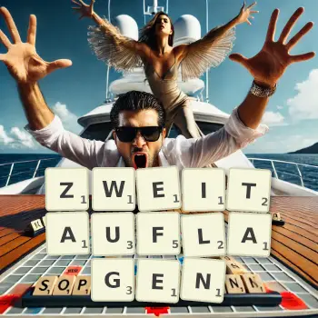 Kreative Illustration für ein Scrabble-Spiel, bei dem das Wort ZWEITAUFLAGEN mit Steinen auf dem Brett gelegt wurde.
