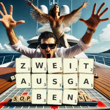 Kreative Illustration für ein Scrabble-Spiel, bei dem das Wort ZWEITAUSGABEN mit Steinen auf dem Brett gelegt wurde.