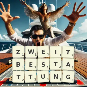 Kreative Illustration für ein Scrabble-Spiel, bei dem das Wort ZWEITBESTATTUNG mit Steinen auf dem Brett gelegt wurde.