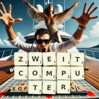 Kreative Illustration für ein Scrabble-Spiel, bei dem das Wort ZWEITCOMPUTER mit Steinen auf dem Brett gelegt wurde.
