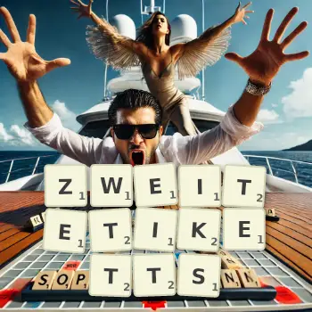 Kreative Illustration für ein Scrabble-Spiel, bei dem das Wort ZWEITETIKETTS mit Steinen auf dem Brett gelegt wurde.