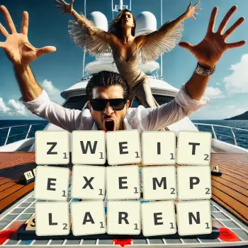 Kreative Illustration für ein Scrabble-Spiel, bei dem das Wort ZWEITEXEMPLAREN mit Steinen auf dem Brett gelegt wurde.