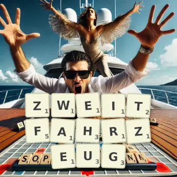 Kreative Illustration für ein Scrabble-Spiel, bei dem das Wort ZWEITFAHRZEUG mit Steinen auf dem Brett gelegt wurde.