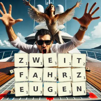 Kreative Illustration für ein Scrabble-Spiel, bei dem das Wort ZWEITFAHRZEUGEN mit Steinen auf dem Brett gelegt wurde.