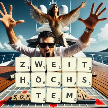 Kreative Illustration für ein Scrabble-Spiel, bei dem das Wort ZWEITHÖCHSTEM mit Steinen auf dem Brett gelegt wurde.