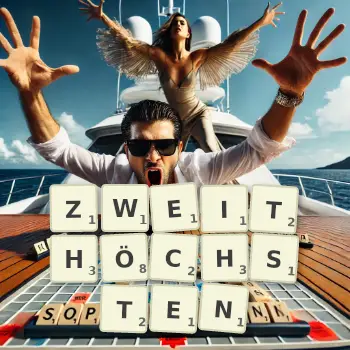 Kreative Illustration für ein Scrabble-Spiel, bei dem das Wort ZWEITHÖCHSTEN mit Steinen auf dem Brett gelegt wurde.