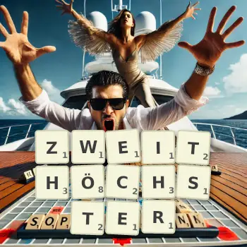 Kreative Illustration für ein Scrabble-Spiel, bei dem das Wort ZWEITHÖCHSTER mit Steinen auf dem Brett gelegt wurde.