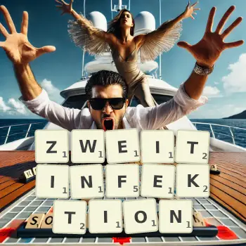 Kreative Illustration für ein Scrabble-Spiel, bei dem das Wort ZWEITINFEKTION mit Steinen auf dem Brett gelegt wurde.