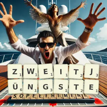 Kreative Illustration für ein Scrabble-Spiel, bei dem das Wort ZWEITJÜNGSTE mit Steinen auf dem Brett gelegt wurde.