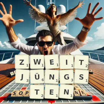 Kreative Illustration für ein Scrabble-Spiel, bei dem das Wort ZWEITJÜNGSTEN mit Steinen auf dem Brett gelegt wurde.
