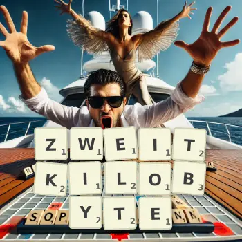 Kreative Illustration für ein Scrabble-Spiel, bei dem das Wort ZWEITKILOBYTE mit Steinen auf dem Brett gelegt wurde.