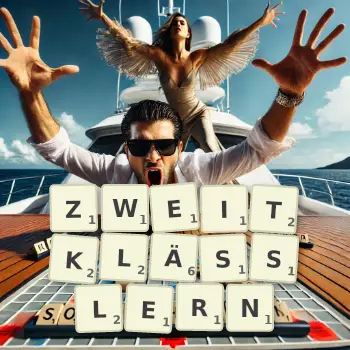 Kreative Illustration für ein Scrabble-Spiel, bei dem das Wort ZWEITKLÄSSLERN mit Steinen auf dem Brett gelegt wurde.