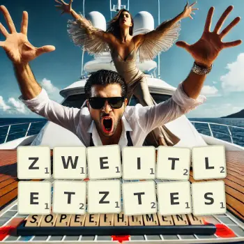 Kreative Illustration für ein Scrabble-Spiel, bei dem das Wort ZWEITLETZTES mit Steinen auf dem Brett gelegt wurde.