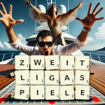 Kreative Illustration für ein Scrabble-Spiel, bei dem das Wort ZWEITLIGASPIELE mit Steinen auf dem Brett gelegt wurde.