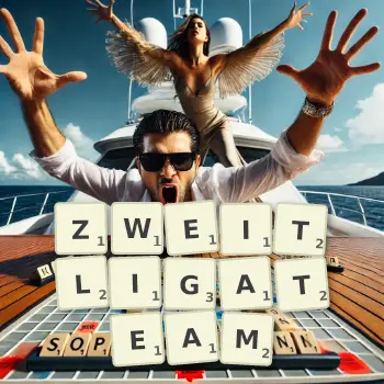 Kreative Illustration für ein Scrabble-Spiel, bei dem das Wort ZWEITLIGATEAM mit Steinen auf dem Brett gelegt wurde.