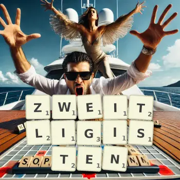 Kreative Illustration für ein Scrabble-Spiel, bei dem das Wort ZWEITLIGISTEN mit Steinen auf dem Brett gelegt wurde.