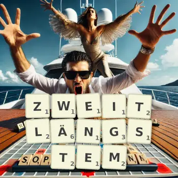Kreative Illustration für ein Scrabble-Spiel, bei dem das Wort ZWEITLÄNGSTEM mit Steinen auf dem Brett gelegt wurde.