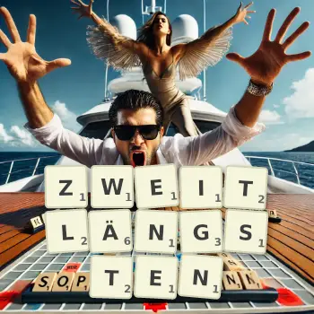 Kreative Illustration für ein Scrabble-Spiel, bei dem das Wort ZWEITLÄNGSTEN mit Steinen auf dem Brett gelegt wurde.