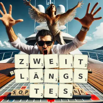 Kreative Illustration für ein Scrabble-Spiel, bei dem das Wort ZWEITLÄNGSTES mit Steinen auf dem Brett gelegt wurde.