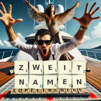 Kreative Illustration für ein Scrabble-Spiel, bei dem das Wort ZWEITNAMEN mit Steinen auf dem Brett gelegt wurde.