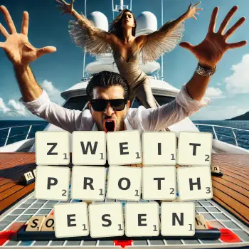 Kreative Illustration für ein Scrabble-Spiel, bei dem das Wort ZWEITPROTHESEN mit Steinen auf dem Brett gelegt wurde.