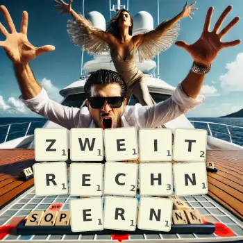 Kreative Illustration für ein Scrabble-Spiel, bei dem das Wort ZWEITRECHNERN mit Steinen auf dem Brett gelegt wurde.