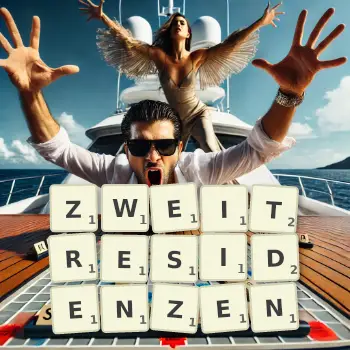 Kreative Illustration für ein Scrabble-Spiel, bei dem das Wort ZWEITRESIDENZEN mit Steinen auf dem Brett gelegt wurde.