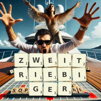 Kreative Illustration für ein Scrabble-Spiel, bei dem das Wort ZWEITRIEBIGER mit Steinen auf dem Brett gelegt wurde.