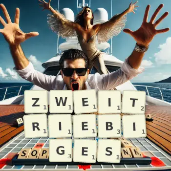 Kreative Illustration für ein Scrabble-Spiel, bei dem das Wort ZWEITRIEBIGES mit Steinen auf dem Brett gelegt wurde.