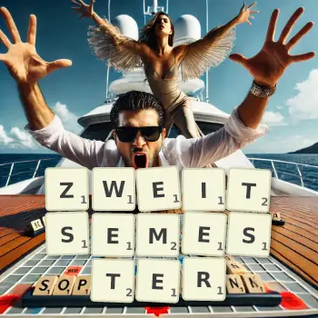 Kreative Illustration für ein Scrabble-Spiel, bei dem das Wort ZWEITSEMESTER mit Steinen auf dem Brett gelegt wurde.