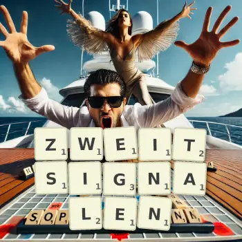 Kreative Illustration für ein Scrabble-Spiel, bei dem das Wort ZWEITSIGNALEN mit Steinen auf dem Brett gelegt wurde.