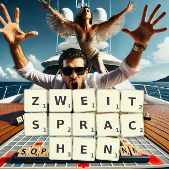 Kreative Illustration für ein Scrabble-Spiel, bei dem das Wort ZWEITSPRACHEN mit Steinen auf dem Brett gelegt wurde.