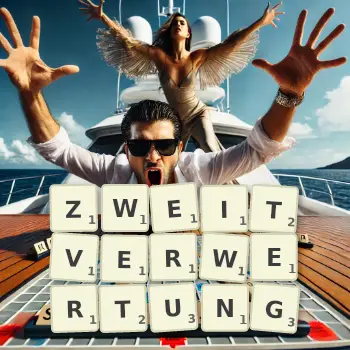 Kreative Illustration für ein Scrabble-Spiel, bei dem das Wort ZWEITVERWERTUNG mit Steinen auf dem Brett gelegt wurde.