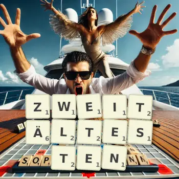 Kreative Illustration für ein Scrabble-Spiel, bei dem das Wort ZWEITÄLTESTEN mit Steinen auf dem Brett gelegt wurde.