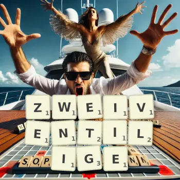 Kreative Illustration für ein Scrabble-Spiel, bei dem das Wort ZWEIVENTILIGE mit Steinen auf dem Brett gelegt wurde.