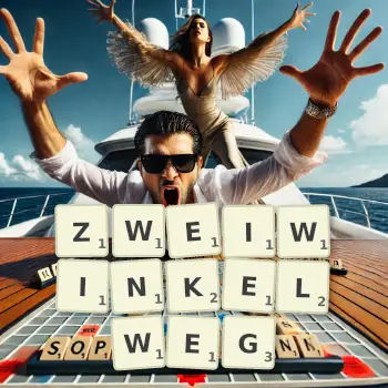 Kreative Illustration für ein Scrabble-Spiel, bei dem das Wort ZWEIWINKELWEG mit Steinen auf dem Brett gelegt wurde.