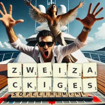 Kreative Illustration für ein Scrabble-Spiel, bei dem das Wort ZWEIZACKIGES mit Steinen auf dem Brett gelegt wurde.