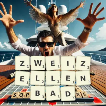 Kreative Illustration für ein Scrabble-Spiel, bei dem das Wort ZWEIZELLENBAD mit Steinen auf dem Brett gelegt wurde.