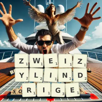 Kreative Illustration für ein Scrabble-Spiel, bei dem das Wort ZWEIZYLINDRIGE mit Steinen auf dem Brett gelegt wurde.