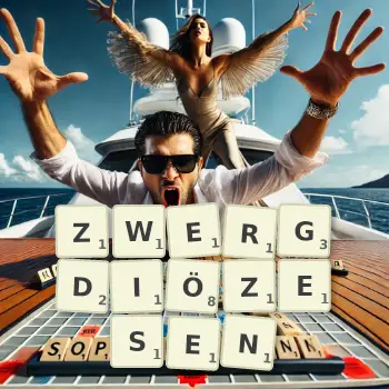 Kreative Illustration für ein Scrabble-Spiel, bei dem das Wort ZWERGDIÖZESEN mit Steinen auf dem Brett gelegt wurde.