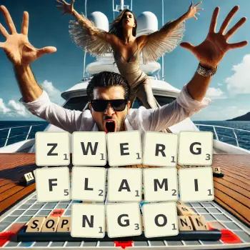 Kreative Illustration für ein Scrabble-Spiel, bei dem das Wort ZWERGFLAMINGO mit Steinen auf dem Brett gelegt wurde.